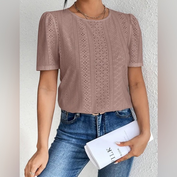 Passion Eyelet Crew Neck T-shirt, Casual  Slim Top - Picture 3 of 4